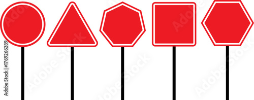 Collection of red traffic signs with various geometric shapes