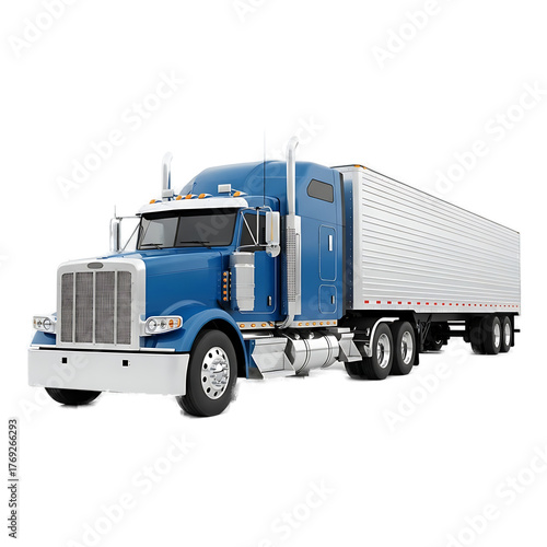 A vibrant blue semi-truck and trailer are set against a transparent background. The vehicle is angled, showing its front and side