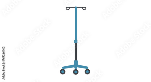 Blue IV pole with a threewheel base black center and two hooks on top