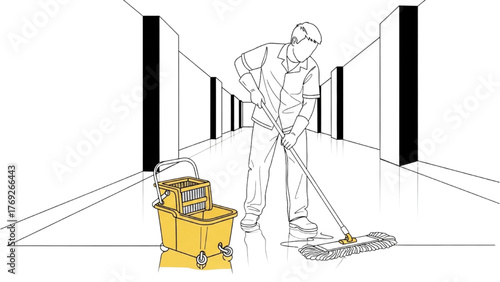 Janitor Line Art — Cleaning Staff Mopping Large Hallway with Bucket, Minimal Continuous Vector Illustration