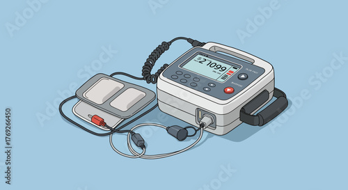 Defibrillator with connected pads displaying 21099 on the screen