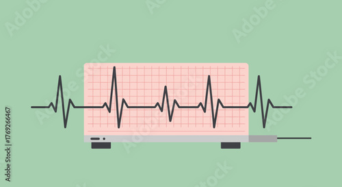 ECG machine recording heart rhythm on pink graph paper against a muted green backdrop