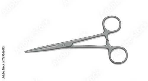 Gray surgical hemostat tool with handle rings white backdrop