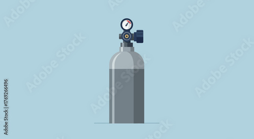 Grey gas cylinder with a blue valve  pressure gauge with a red needle on a light blue background
