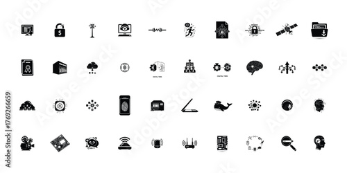 vector icon bundle of project and management. Including cloud, server, database, network, security, coding, mobile, api, settings, dashboard silhouette illustration isolated on white background