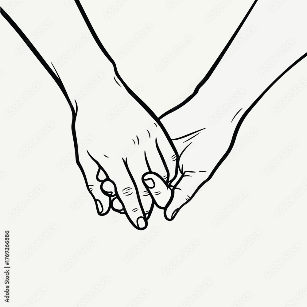 Obraz premium Close-up of a line art illustration depicting two hands gently holding each other, symbolizing connection, support, and affection with a minimalist aesthetic, conveying warmth
