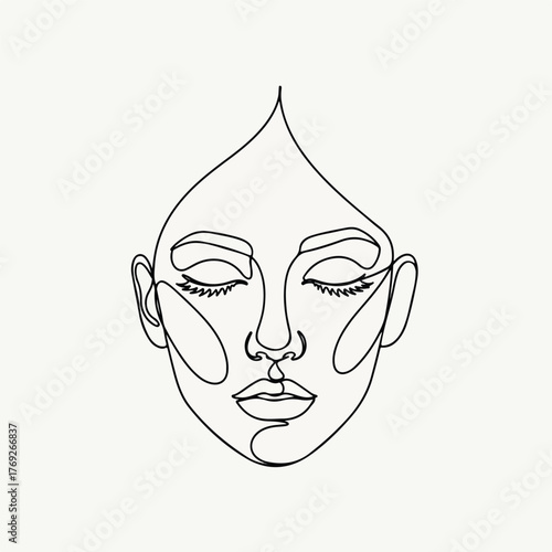 Minimalist single line drawing of a serene female face with closed eyes, an abstract teardrop shape above the forehead, elegant and simple beauty illustration