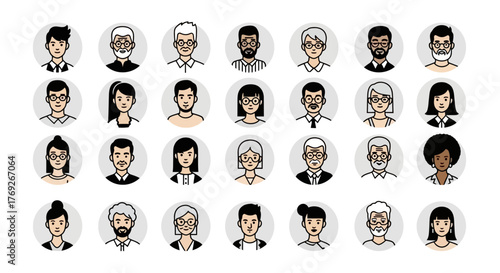 Diverse Collection of Human Portraits A Set of Black and White Avatar Icons