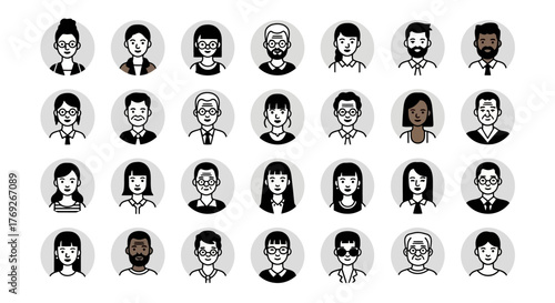 Diverse Collection of Illustrated Avatar Portraits for User Profiles, Social Media, and Design Projects