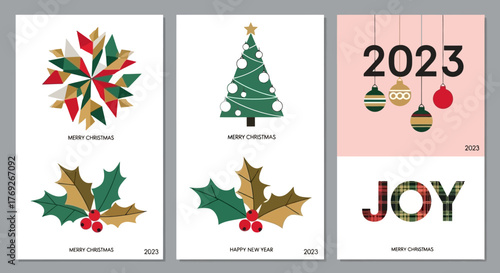 Festive Christmas Card Trio Modern Designs with Geometric Shapes, Tree, and Joyful Greetings for 2023