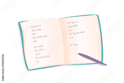 Open math notebook with equations. Flat vector illustration of exercise book with solved algebra problems and pen on white background. Study, learning, school, and mathematics education concept.
