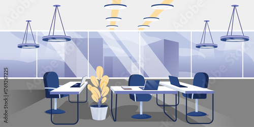 Modern office interior with empty desks, laptops, and swivel chairs. Large windows with cityscape view and ceiling lights create clean workspace atmosphere. Contemporary business vector illustration.