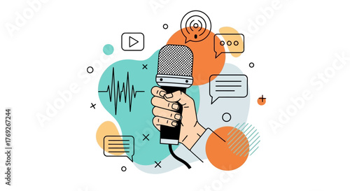 Podcast Production Illustration Hand Holding Microphone with Sound Waves, Chat Bubbles, and Streaming Elements