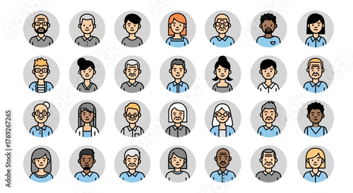 Diverse Illustrated Avatar Icons A Collection of People's Headshots in Various Styles and Ages
