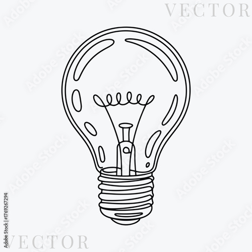 Black and white light bulb line art with visible filament vector design