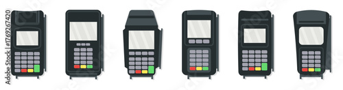 Payment terminal collection with realistic card readers and keypads. POS machine devices for finance, retail, and transaction