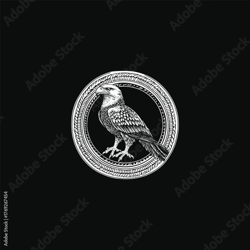 Detailed vintage engraving illustration of a powerful falcon or hawk perched on a branch, enclosed within a textured circular frame