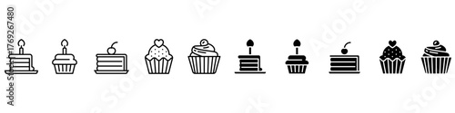 Cake icon vector set. dessert illustration sign collection. sweet symbol. Birthday logo. Bakery web icons.