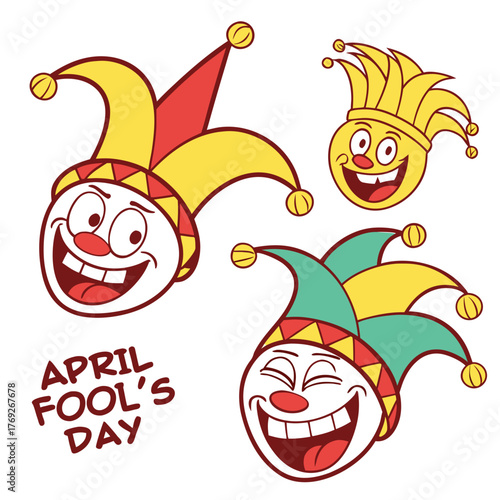 Cartoon illustration of three smiling jester faces with hats for april fool's day celebration art