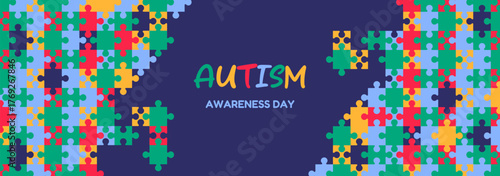 Autism awareness background with colorful puzzle pattern. Symbolic jigsaw pieces representing unity, understanding and support