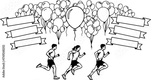 Marathon Runners with Balloons and Banners Illustration in Black and White.