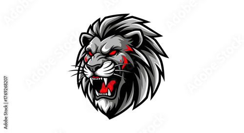 A fierce and aggressive lion with glowing red eyes and sharp teeth, depicted in a stylized, graphic art style.