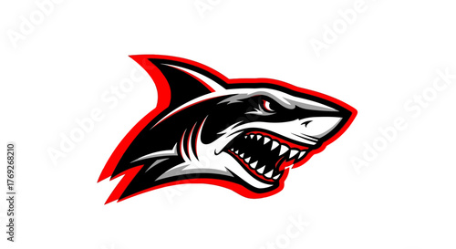 A detailed illustration of a shark head with sharp teeth and a red outline, facing right.
