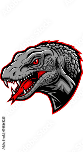 Aggressive gray reptile head with red eyes and tongue, fierce mascot design illustration.