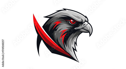 A fierce, stylized illustration of a hawk's head with sharp red and black accents.