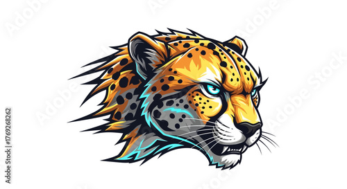 Vibrant and fierce stylized cheetah head with striking blue eyes and dynamic artistic details.