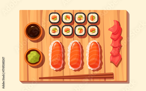 Sushi set with sauces and chopsticks on a board, vector illustration