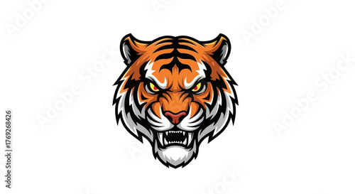 A detailed illustration of a tiger's head, showcasing its fierce expression and vibrant orange and black stripes.
