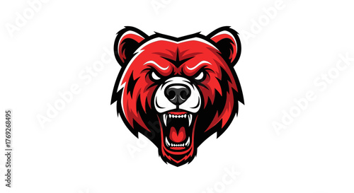 An aggressive red bear mascot head roaring fiercely on a white background.