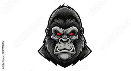 A fierce, detailed illustration of a gorilla's head with glowing red eyes and a stern expression.