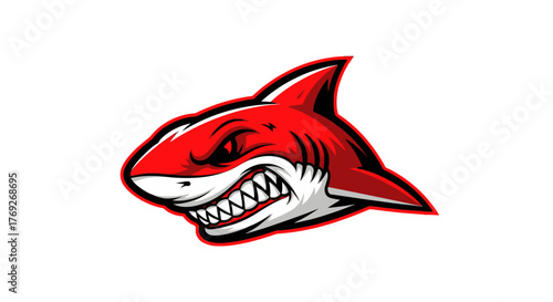 Red shark mascot logo with sharp teeth and aggressive expression.