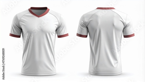 Blank white athletic t-shirt with red V-neck collar and cuffs, front and back view mockup