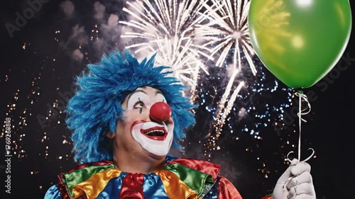 Cheerful clown holding balloon with fireworks in the background