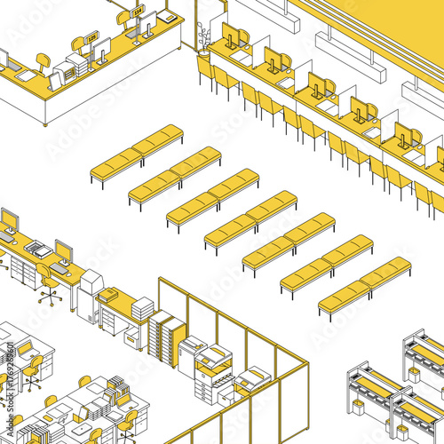 役所の受付相談カウンターや待合ベンチのあるフロアのシンプルな線画アイソメトリックイラスト
