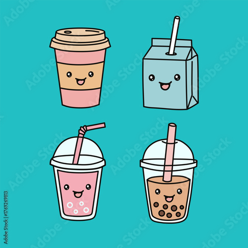 Cute Drinks Cartoon Vector To-Go Cup, Milk Box, Bubble Teas on Teal Background