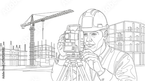 Surveyor Using Theodolite on Construction Site — Black Continuous Line Art with Cranes and Half-Built Structures, Minimalist Vector Illustration