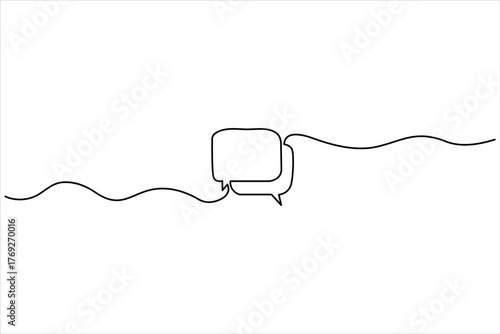 One continuous line drawing of two connected square speech bubbles on a wavy line