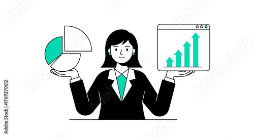Businesswoman Balancing Data and Growth Charts for Strategic Success