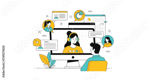 Online Meeting Illustration Diverse Team Collaboration via Video Conference on Computer Screen