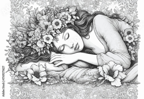 peaceful woman sleeping amid flowers, symbolizing serenity, nature, and dreamlike fantasy sketch engraving generative ai fictional character vector illustration. Scratch board. Black and white image.