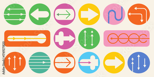 Collection of colorful abstract arrows and directional symbols in various shapes and orientations