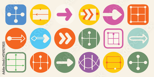Collection of diverse abstract arrow icons and directional symbols in bright flat colors