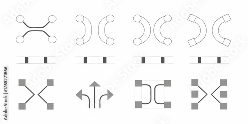 Set of abstract geometric shapes and symbols representing connections and transitions in a clean minimalist style
