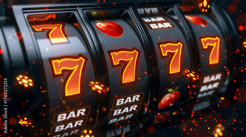 Fototapeta premium close-up of a glowing casino slot machine showing triple sevens, surrounded by neon lights and vibrant reflections. Generative ai raster colorful illustration.