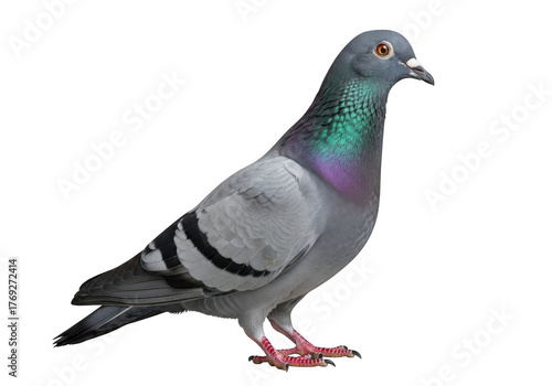 A gray pigeon with iridescent neck feathers isolated on transparent background