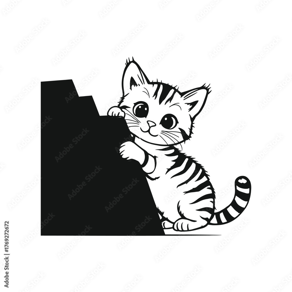 Obraz premium Cute looking cat, adorable kiity, kitten, graphic vector illustration of a little cat, young, head, big eyes 